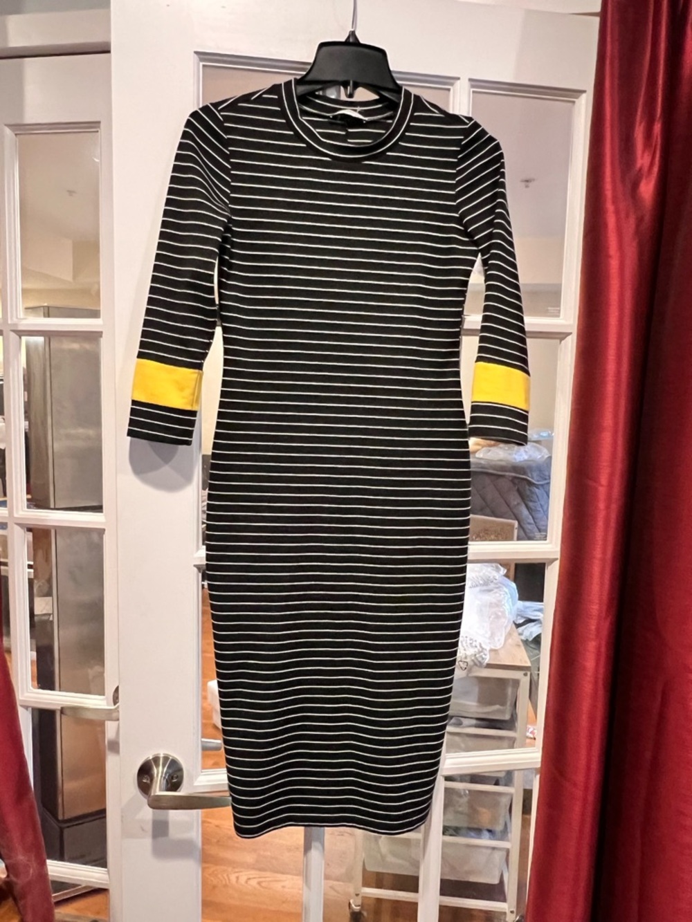 Zara Black and White Striped Midi Dress with Yellow Cuff Bands